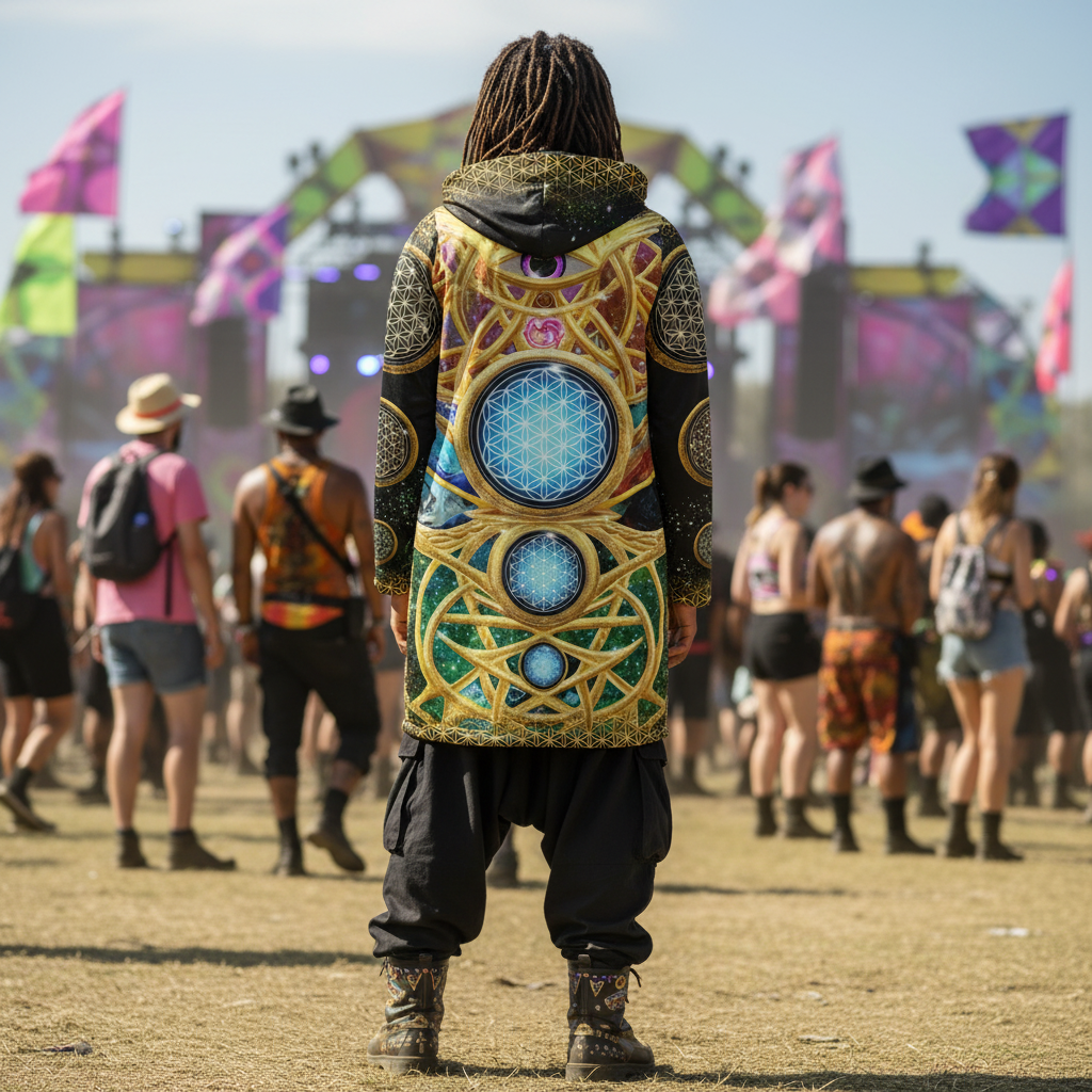 Mystic Eye Gold Men's Festival Cloak back view with music festivals