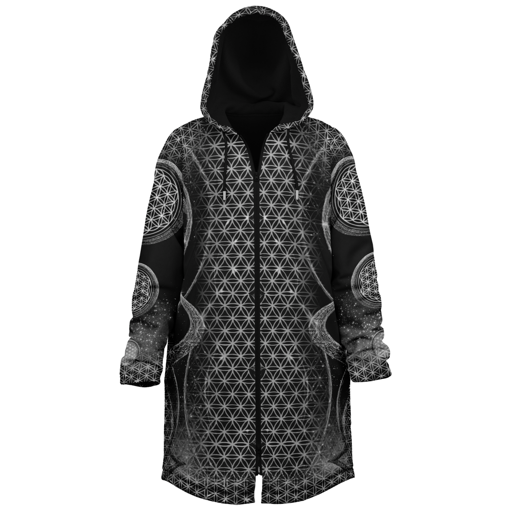 Black Mystic Eye Women's Festival Cloak side view with trippy visionary art