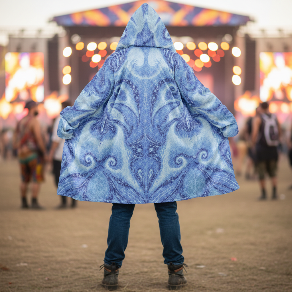 Blue Cosmic Flower Of Life Men's Festival Cloak front view with sacred geometry cloak