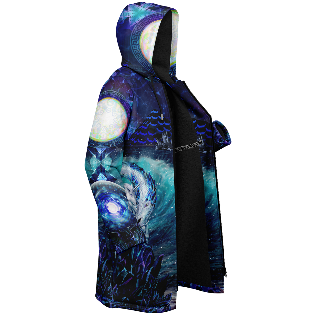 Blue Sorceress Women's Festival Cloak side view with sacred geometry art