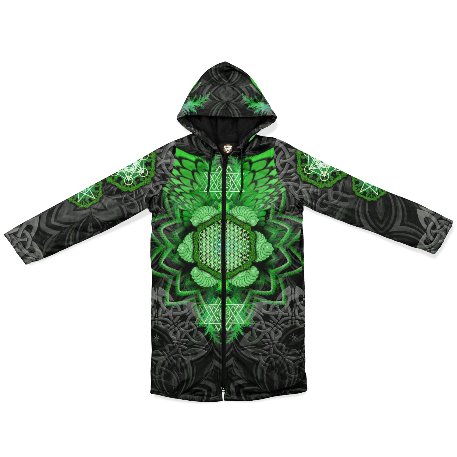 Angel Catcher Green Men's Festival Cloak front view with psychedelic festival art