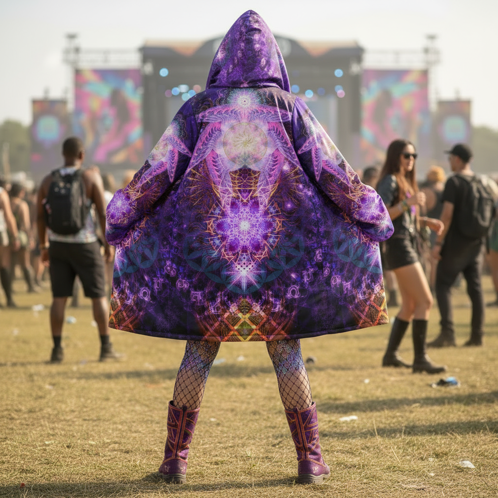 Ophanim Women's Festival Cloak front view with rave cloak