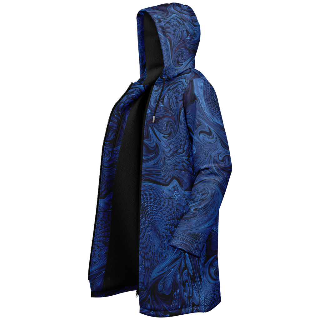 Metallic Blue Fractal Men's Festival Cloak detail view with statement outerwear