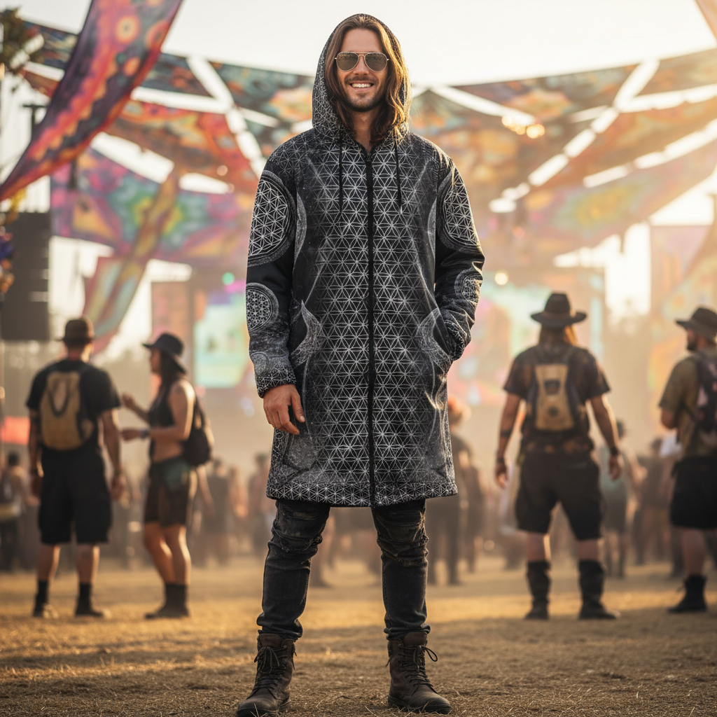 Black Mystic Eye Men's Festival Cloak side view with rave cloak and mystic eye artwork