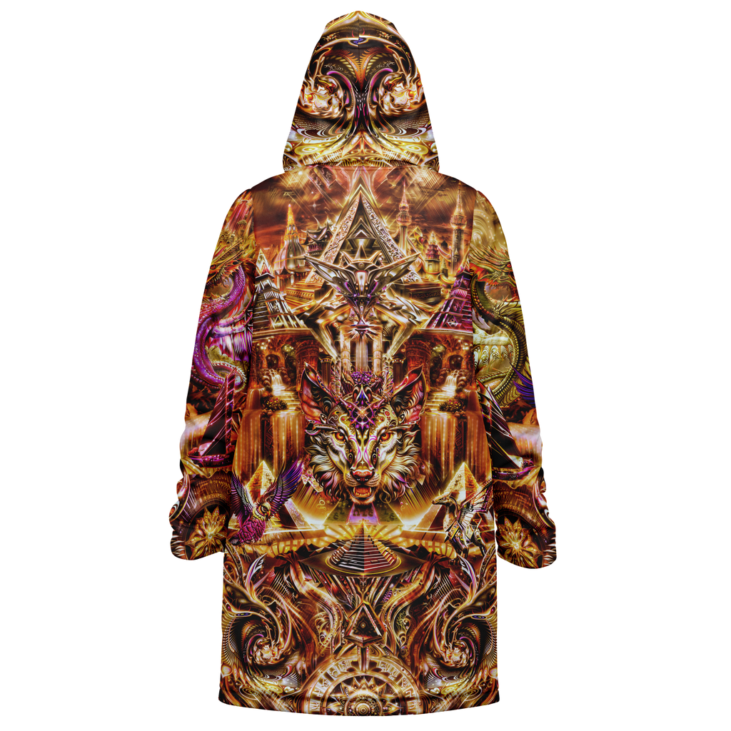 Dream Weaver Orange Men's Festival Cloak detail view with psychedelic festival art