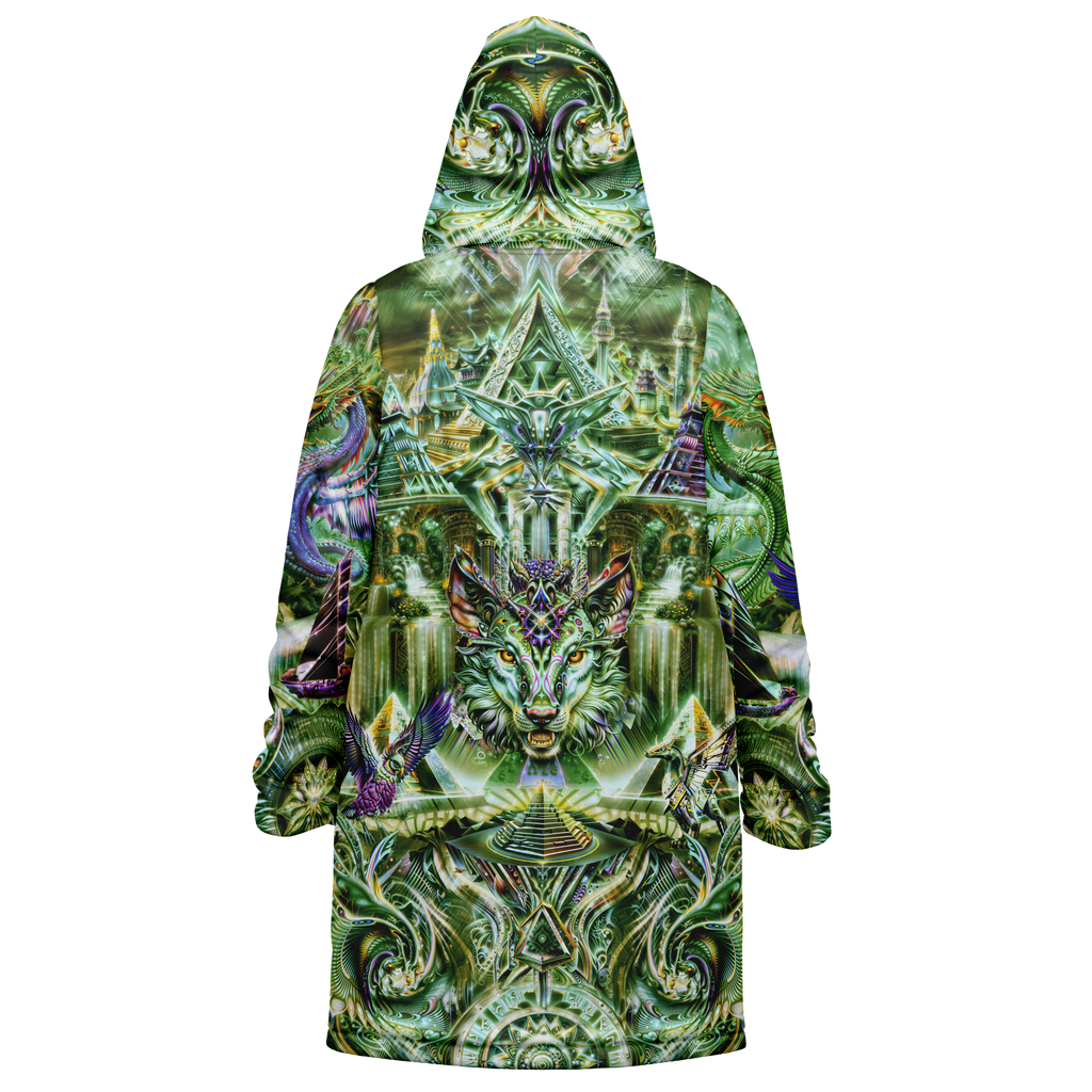 Dream Weaver Green Men's Festival Cloak detail view with psychedelic festival art