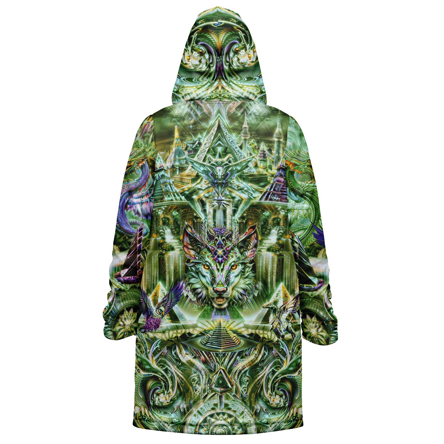 Dream Weaver Green Men's Festival Cloak detail view with psychedelic festival art
