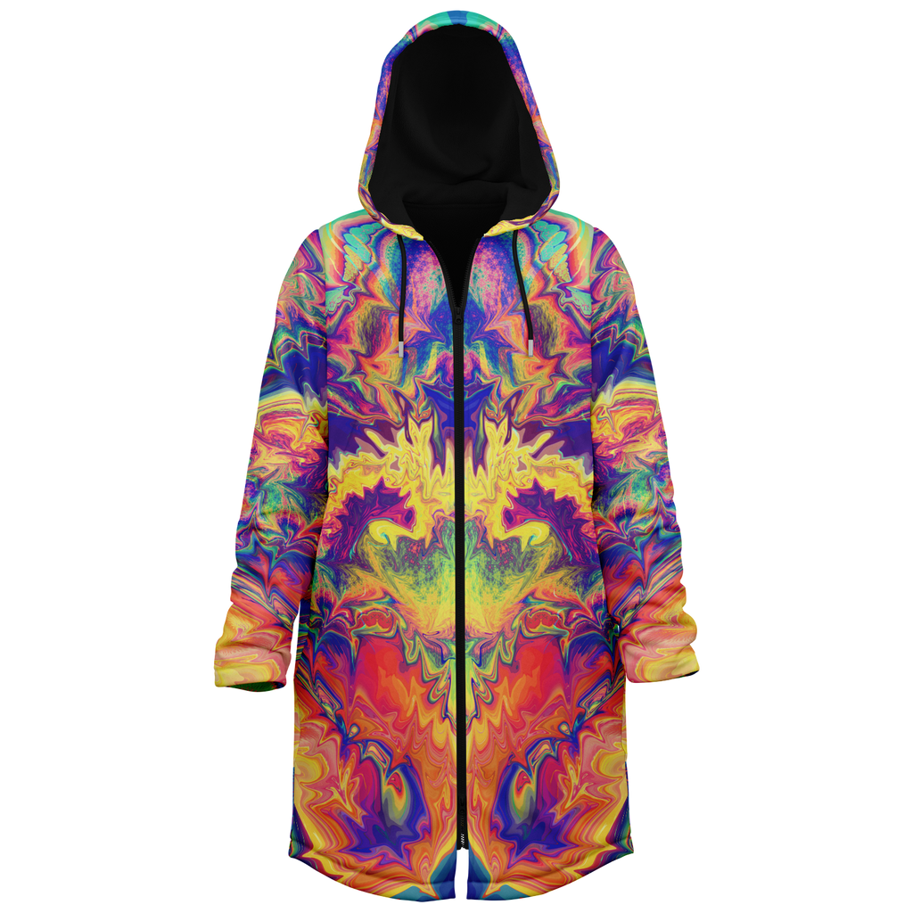 Windowpane Women's Festival Cloak side view with psychedelic art