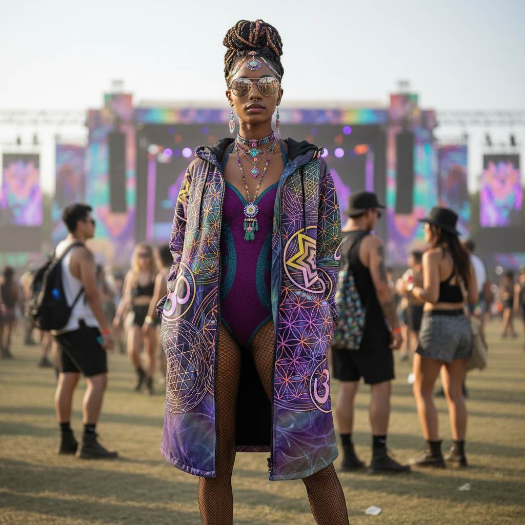 Sacred Geo Women's Festival Cloak detail view with statement outerwear