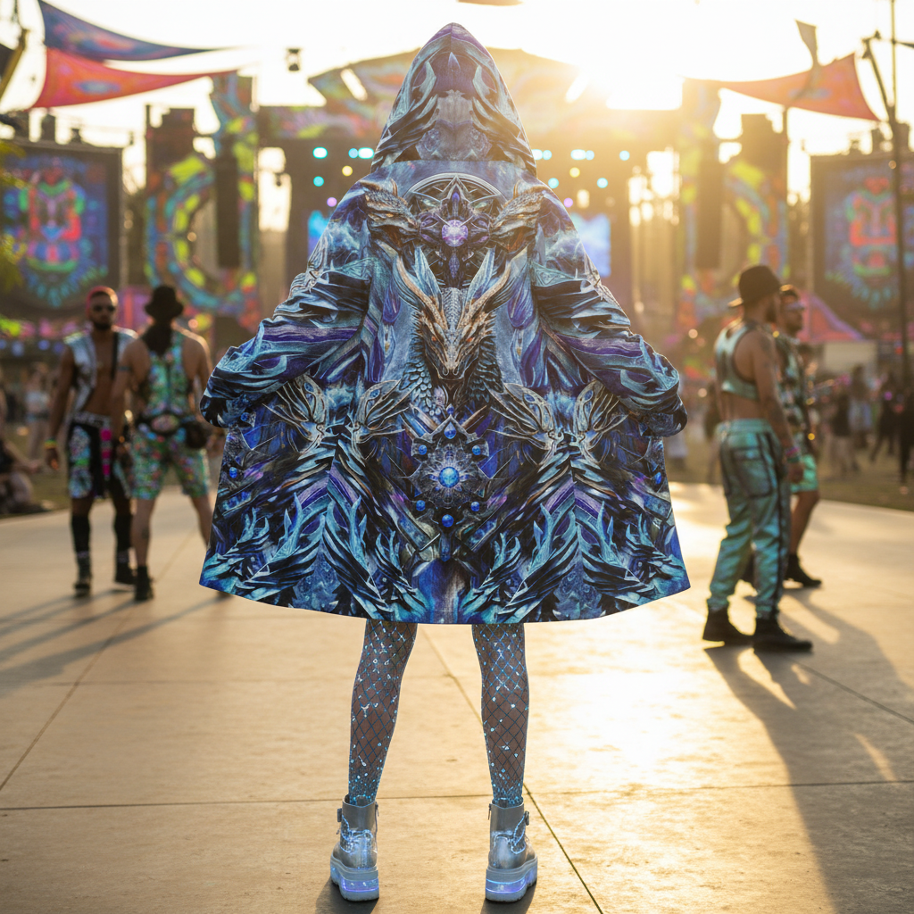 Electric Dragonscape Men's Festival Cloak front view with festival cloak