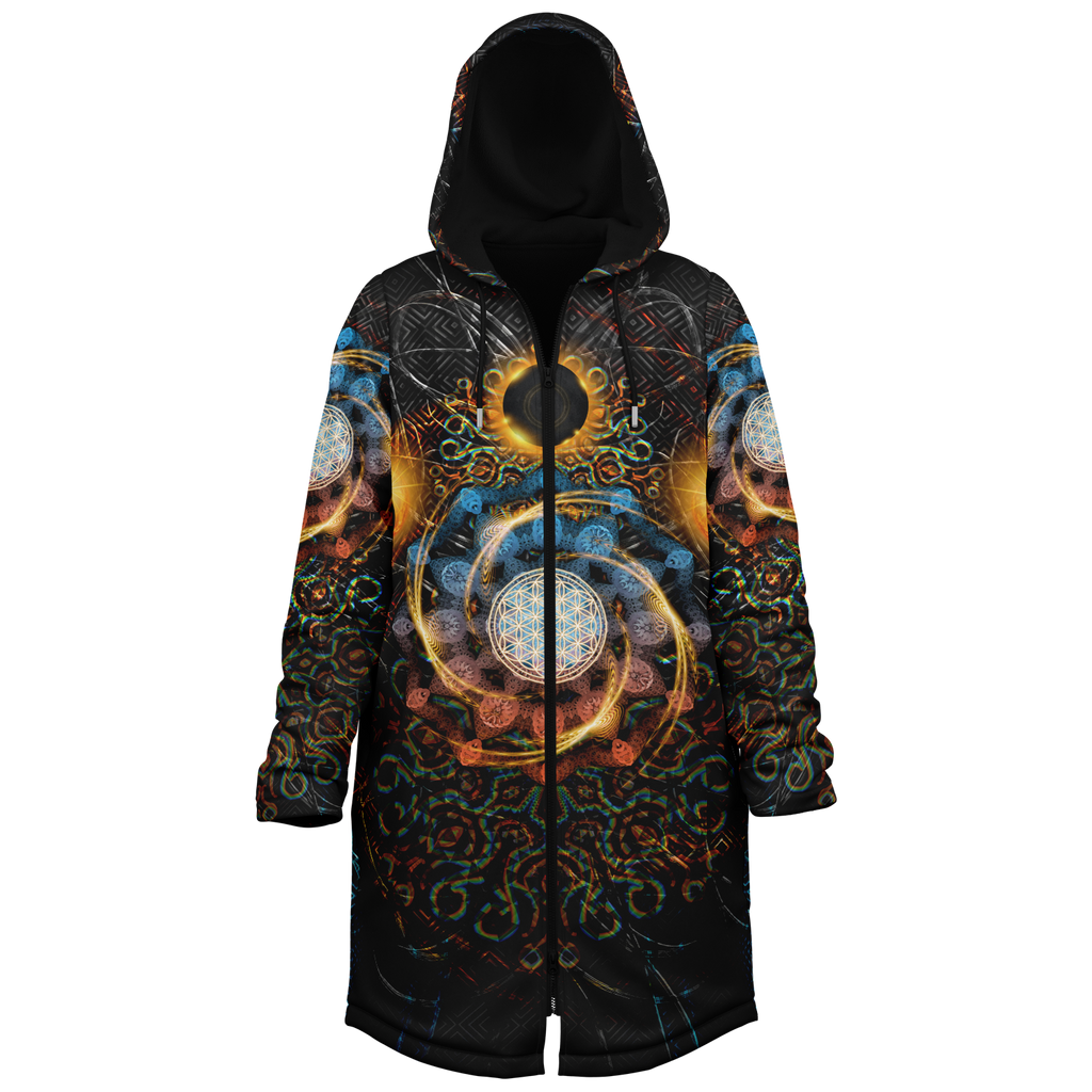 Solar Eclipse Women's Festival Cloak side view with occult-inspired art