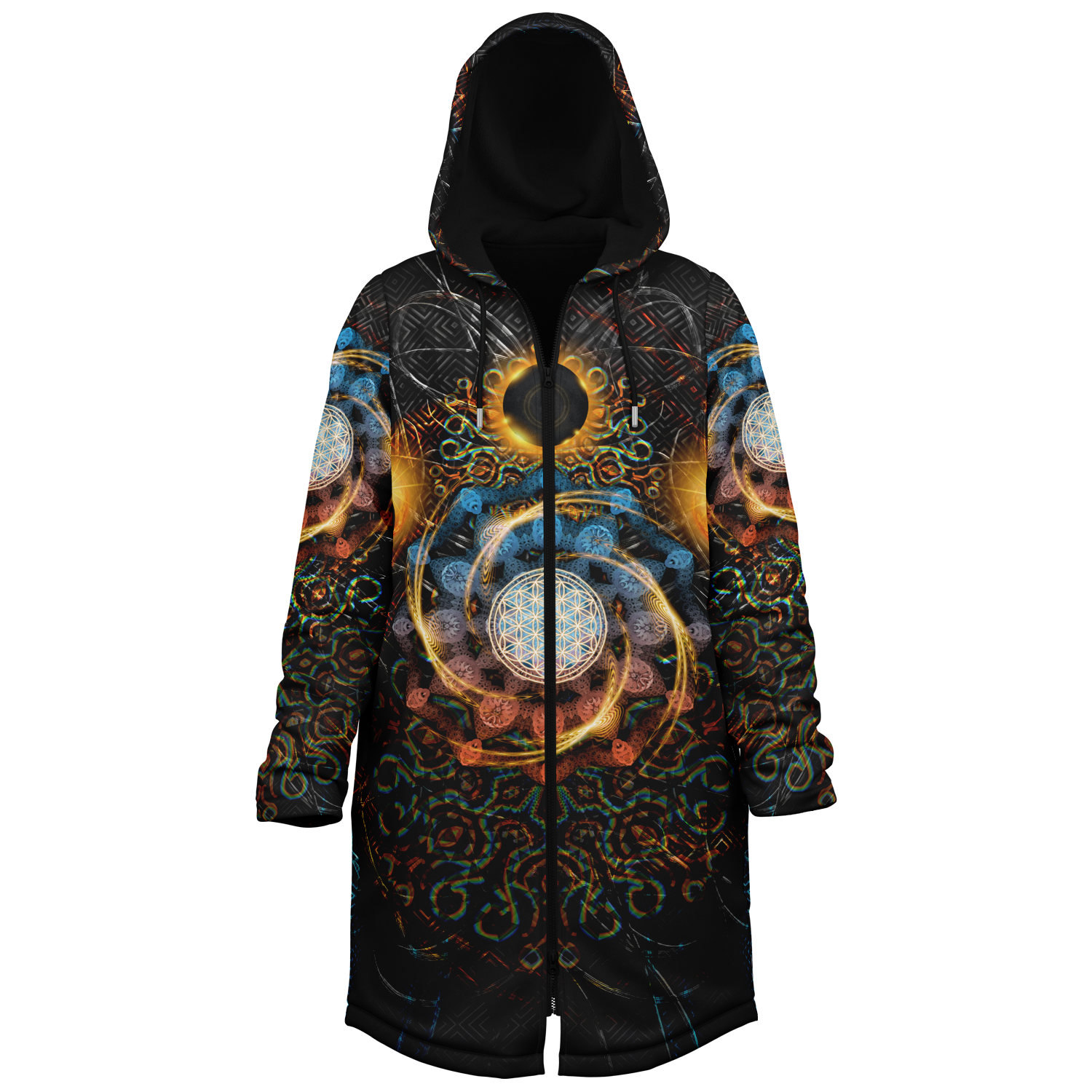 Solar Eclipse Women's Festival Cloak side view with occult-inspired art