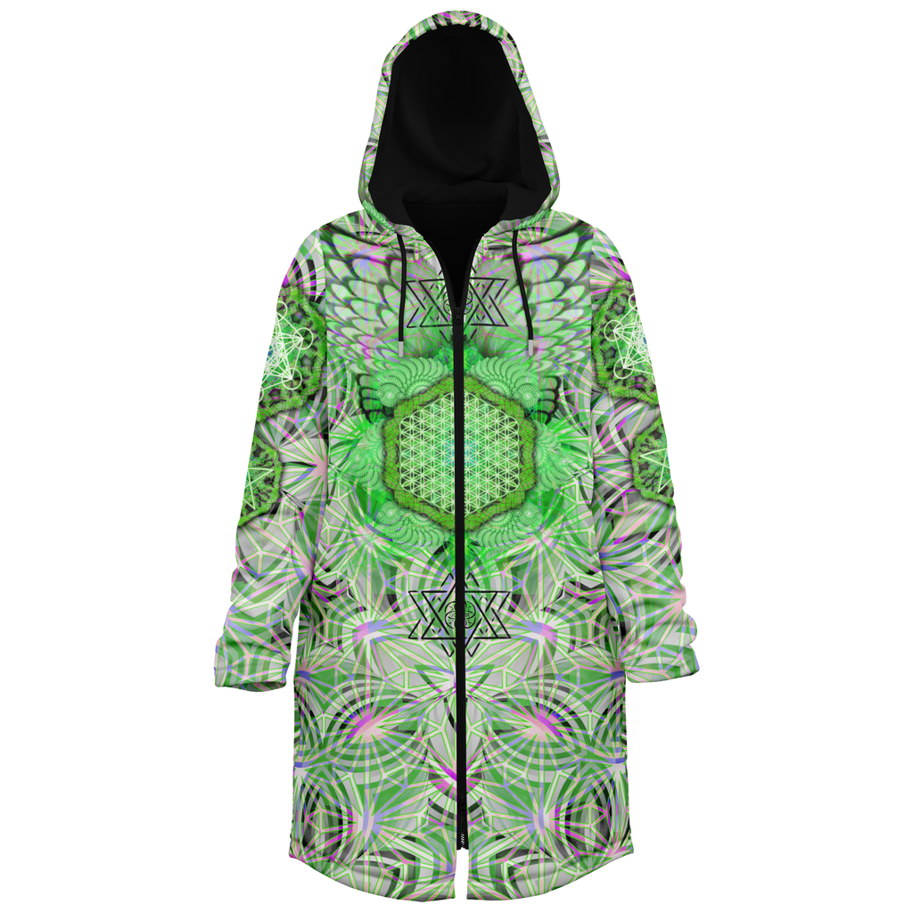 Angel Catcher Light Green Men's Festival Cloak side view with trippy visionary art