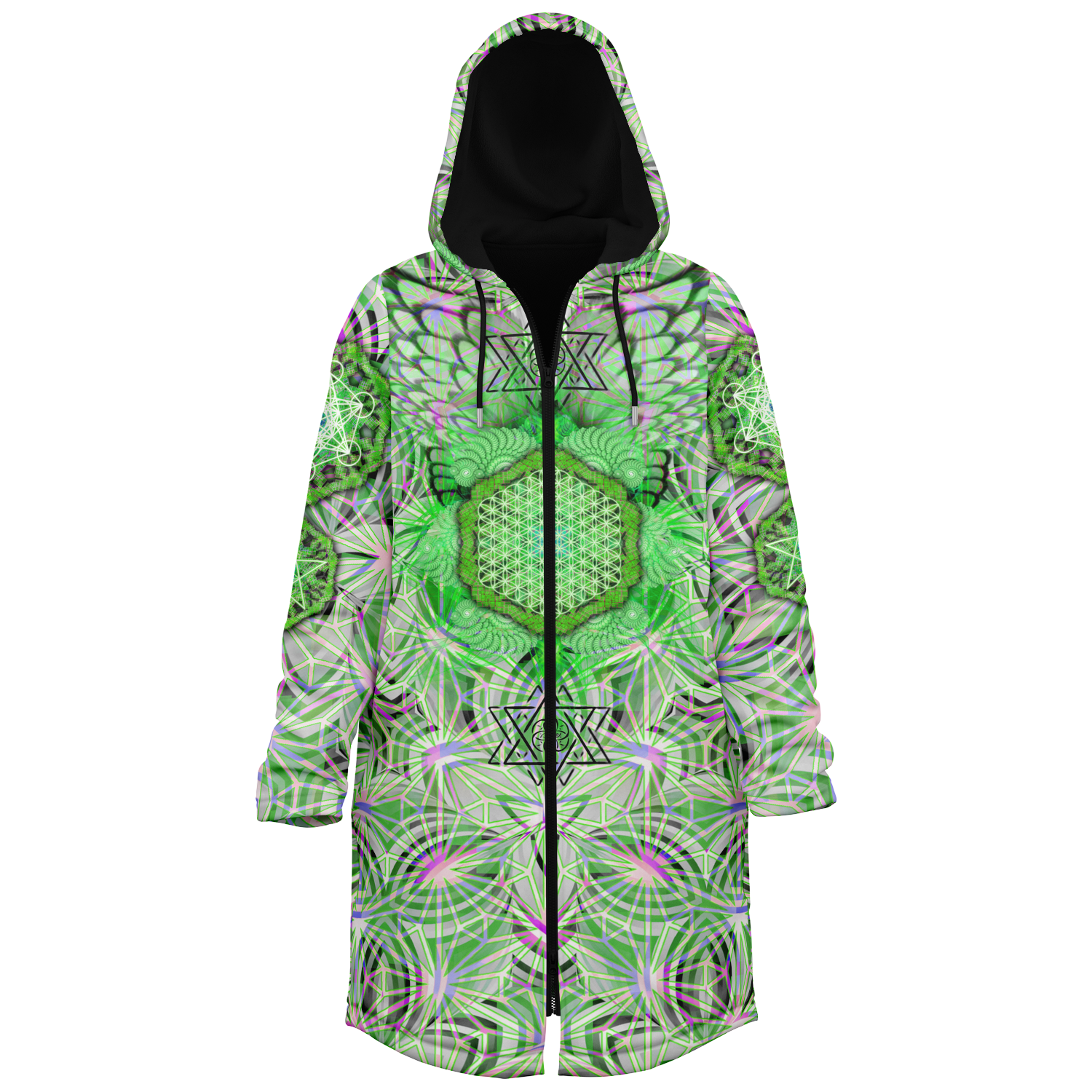 Angel Catcher Light Green Men's Festival Cloak side view with trippy visionary art