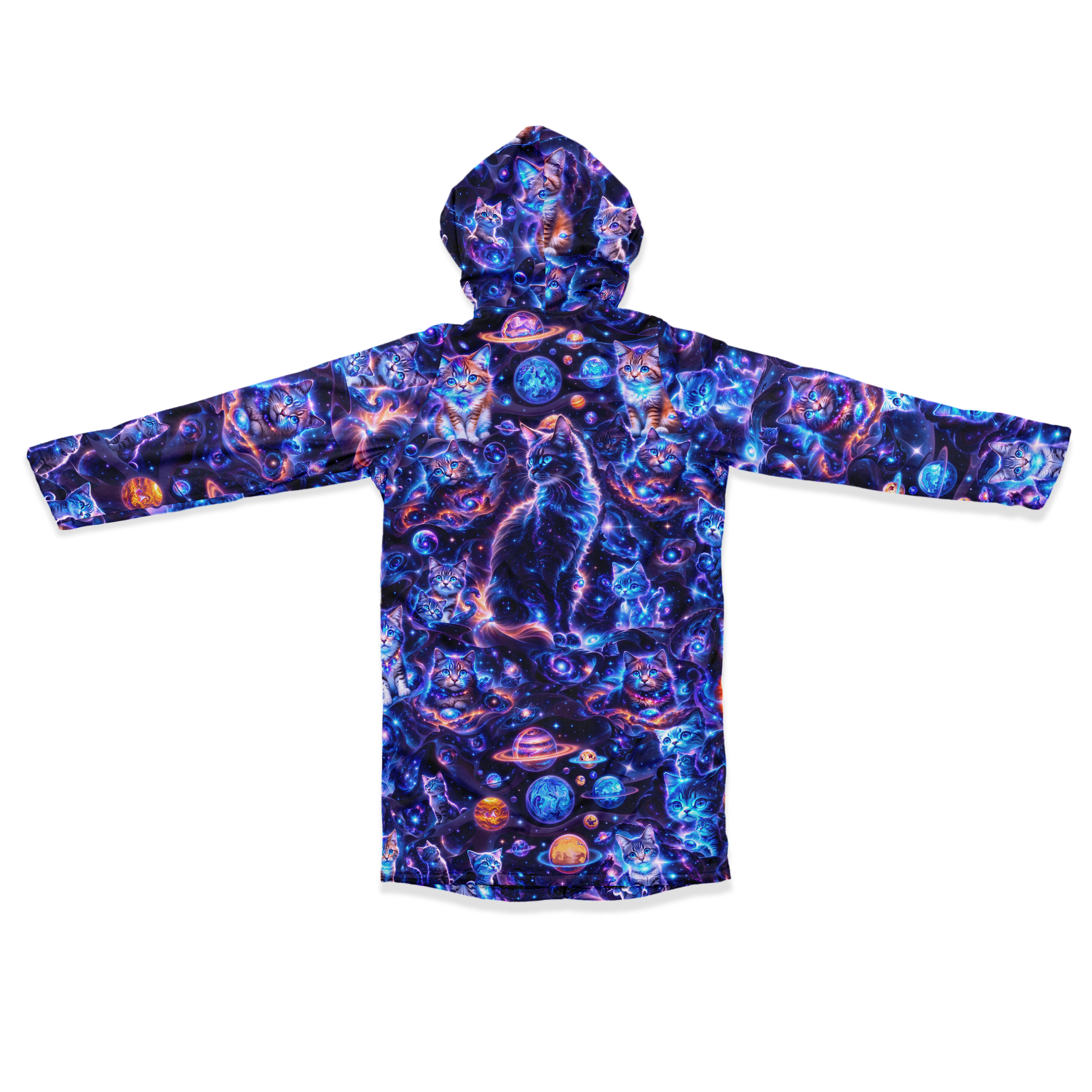 Cosmic Space Cats Women's Festival Cloak side view with psychedelic art