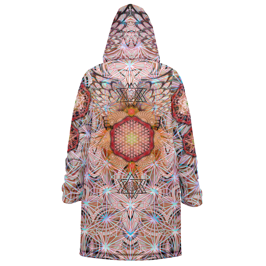 Angel Catcher Light Orange Men's Festival Cloak detail view with psychedelic festival art