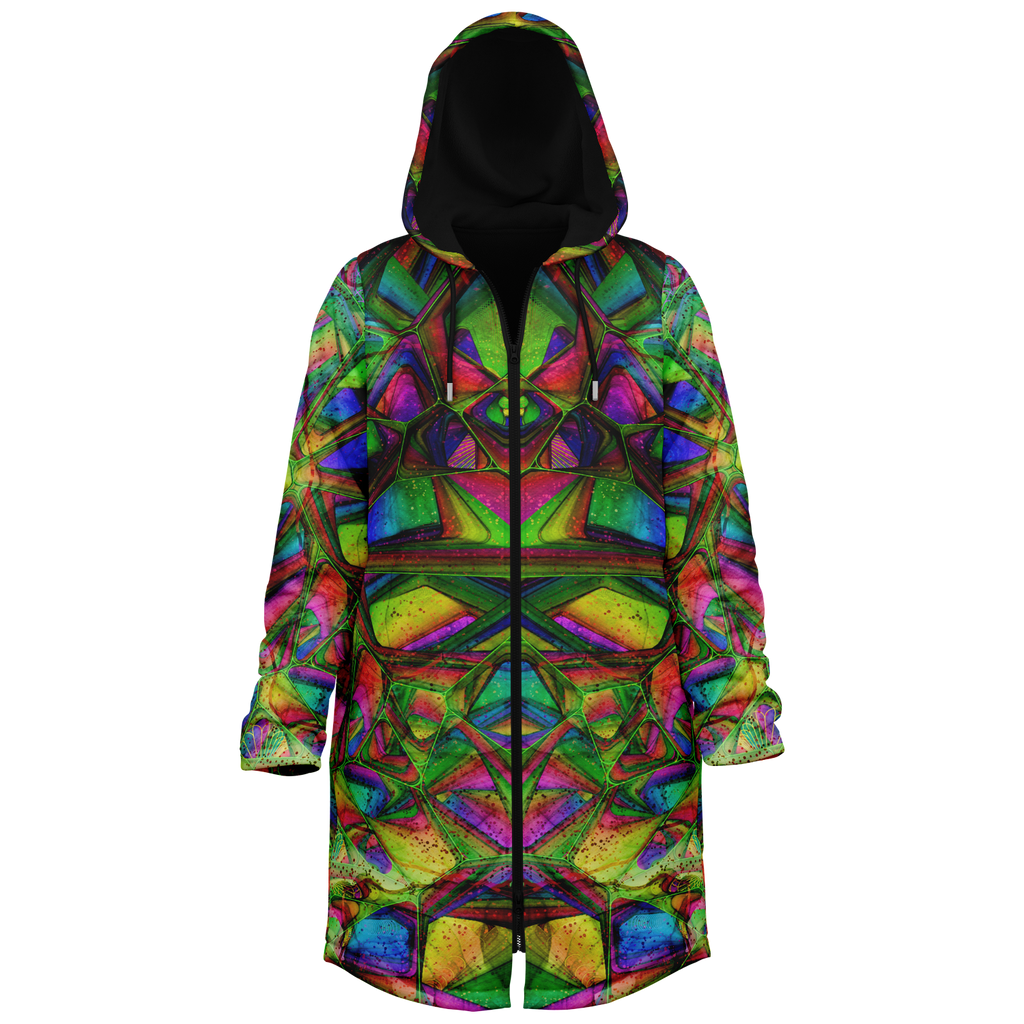 Crystalline Forest Men's Festival Cloak back view with psychedelic festival art