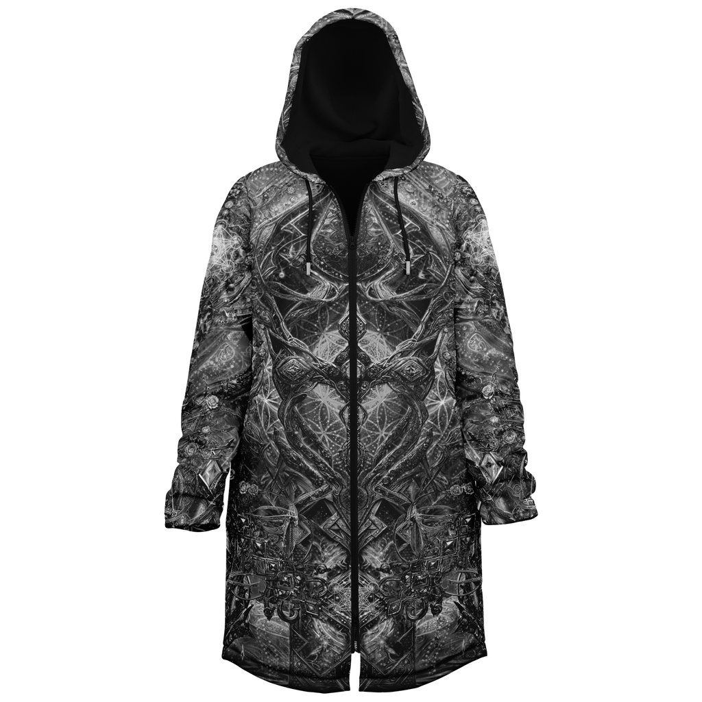 Black Cosmic Cross Women's Festival Cloak side view with trippy visionary art
