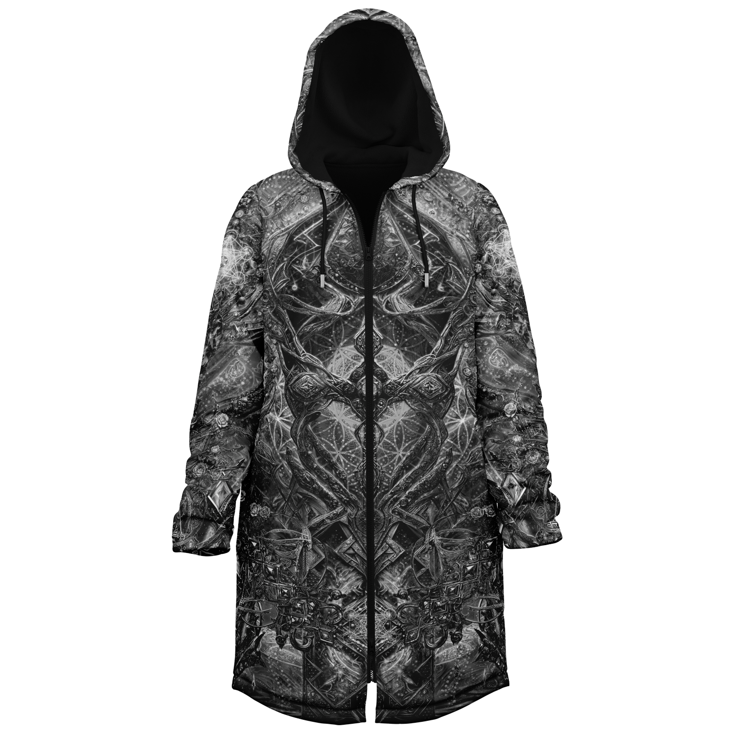 Black Cosmic Cross Women's Festival Cloak side view with trippy visionary art
