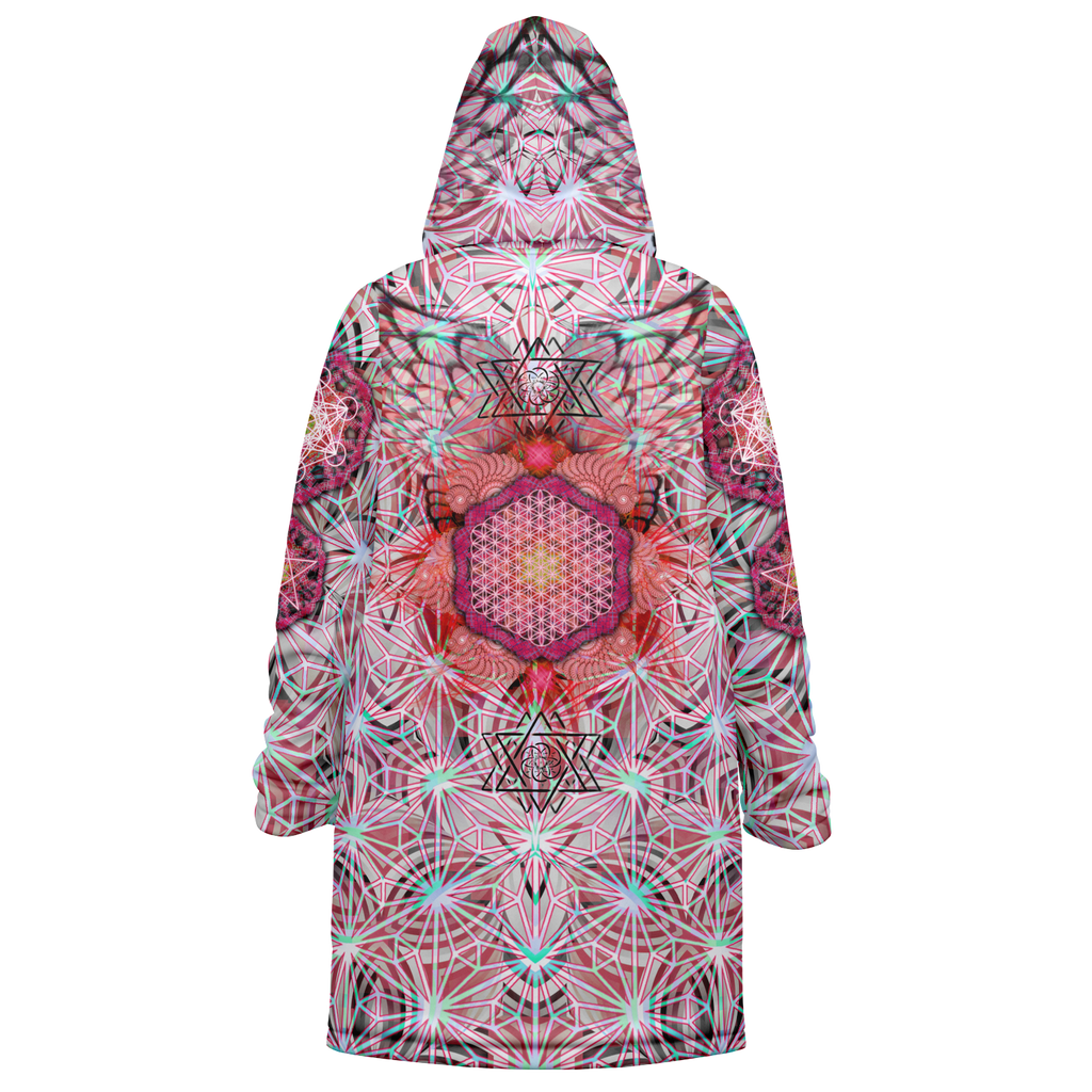 Angel Catcher Light Red Men's Festival Cloak detail view with psychedelic festival art