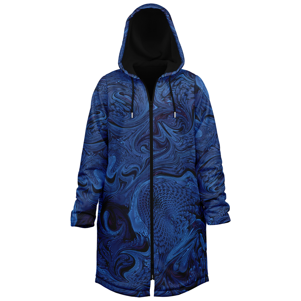 Metallic Blue Fractal Men's Festival Cloak side view with occult-inspired art