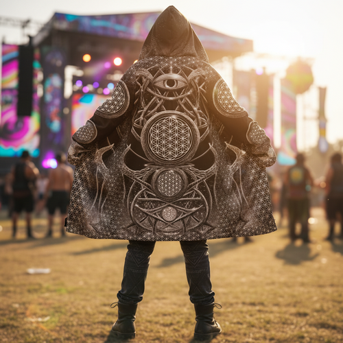 Black Mystic Eye Men's Festival Cloak front view with sacred geometry cloak