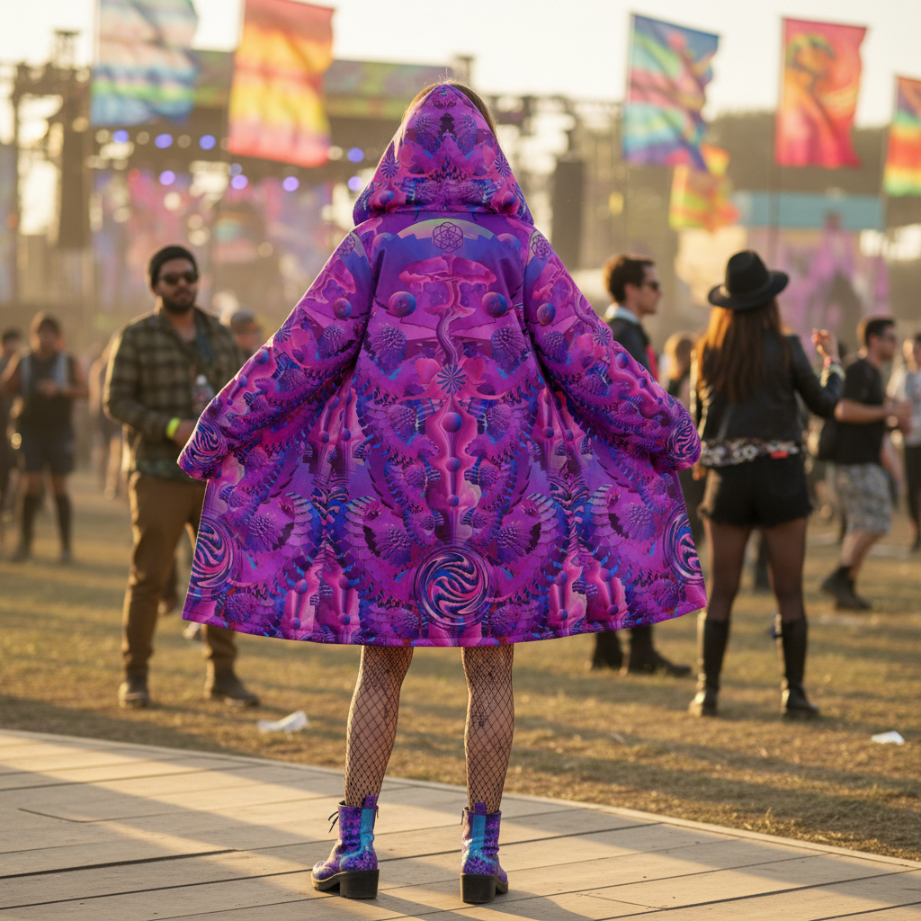Pink Shroom Flower Of Life Women's Festival Cloak front view with psychedelic cloak
