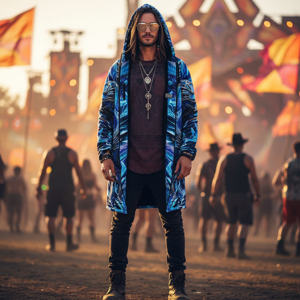 Electric Dragonscape Men's Festival Cloak back view with festival wear