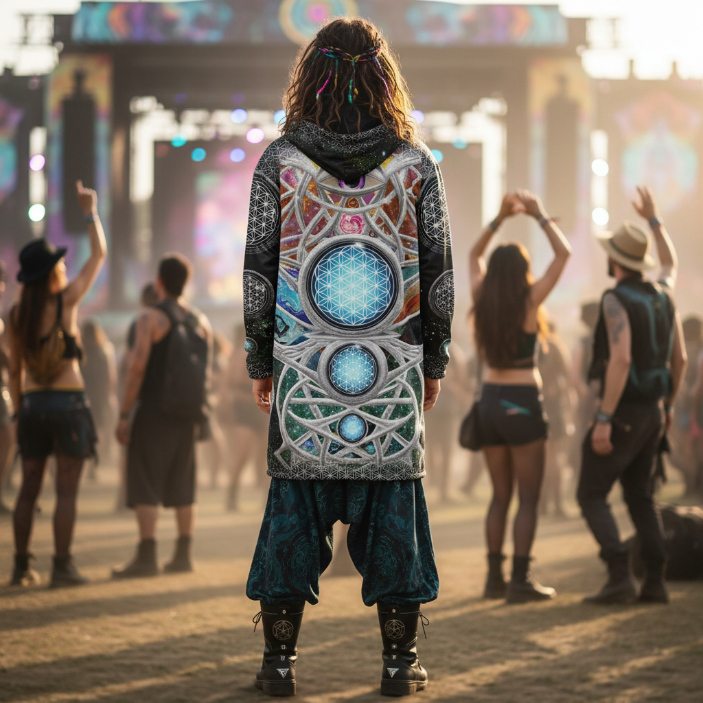 Silver Mystic Eye Men's Festival Cloak detail view with ritual-inspired fashion and mystic eye artwork