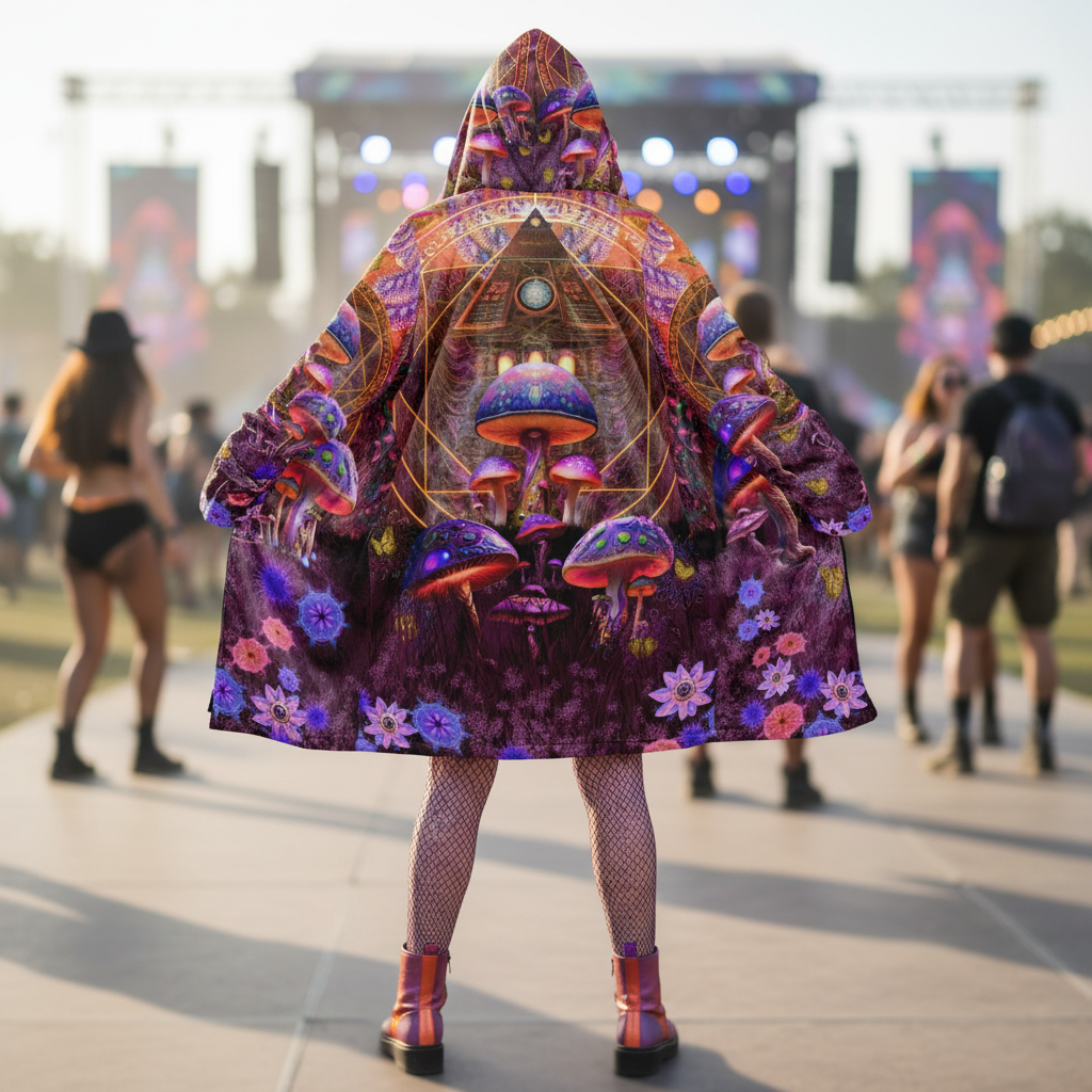 Shroom Rx Pink Women's Festival Cloak front view with festival cloak