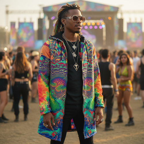 Acid Melt Men's Festival Cloak side view with visionary art