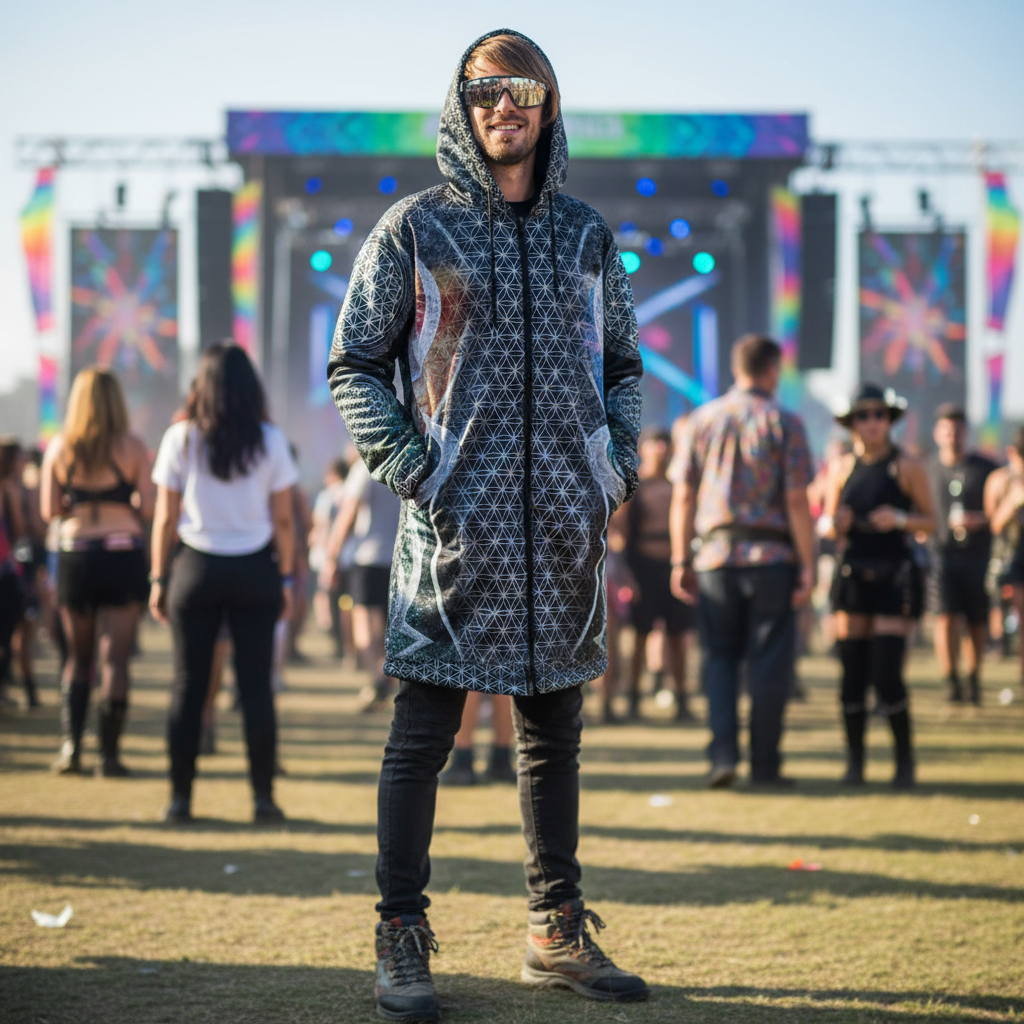 Silver Mystic Eye Men's Festival Cloak side view with spiritual art and mystic eye artwork