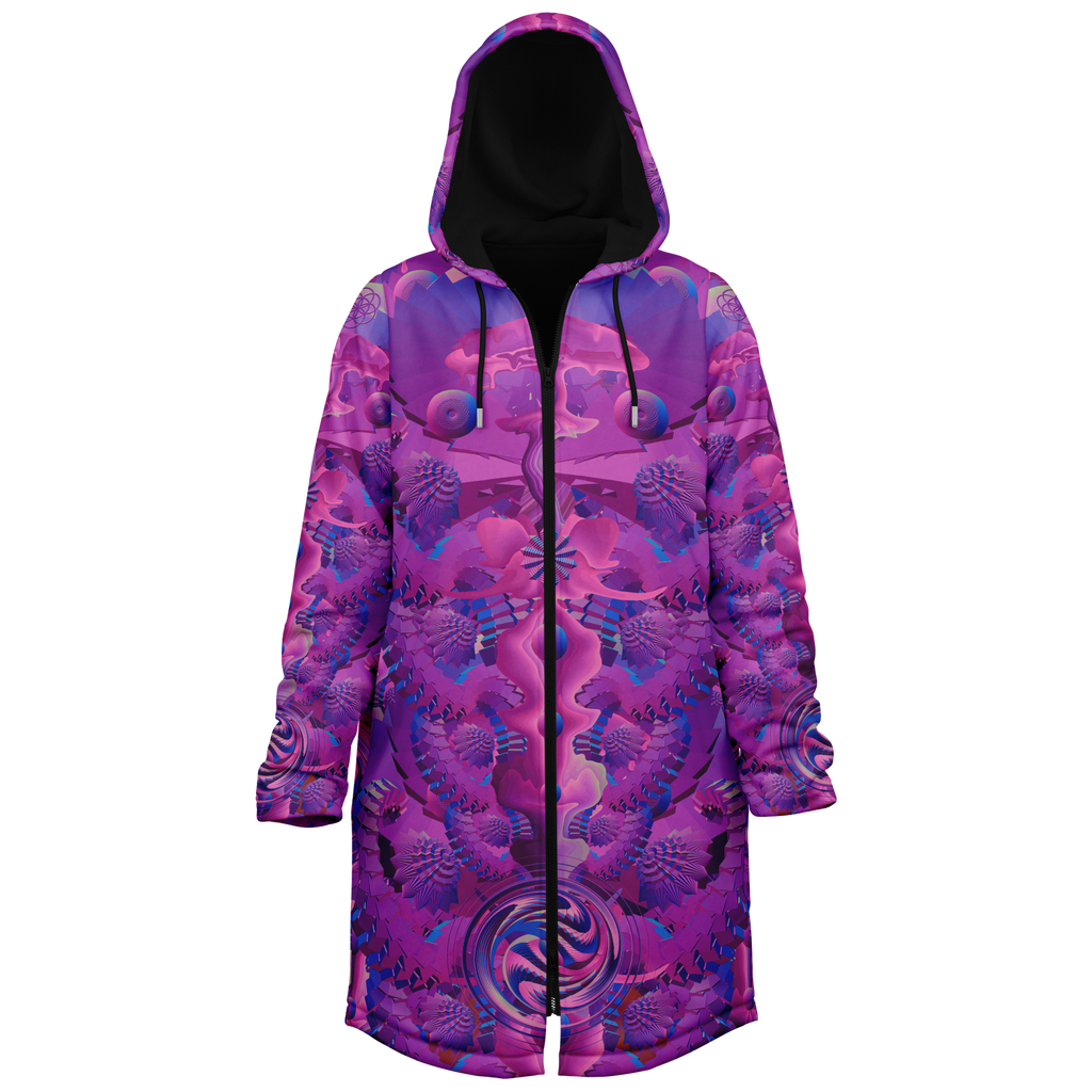 Pink Shroom Flower Of Life Women's Festival Cloak side view with trippy visionary art