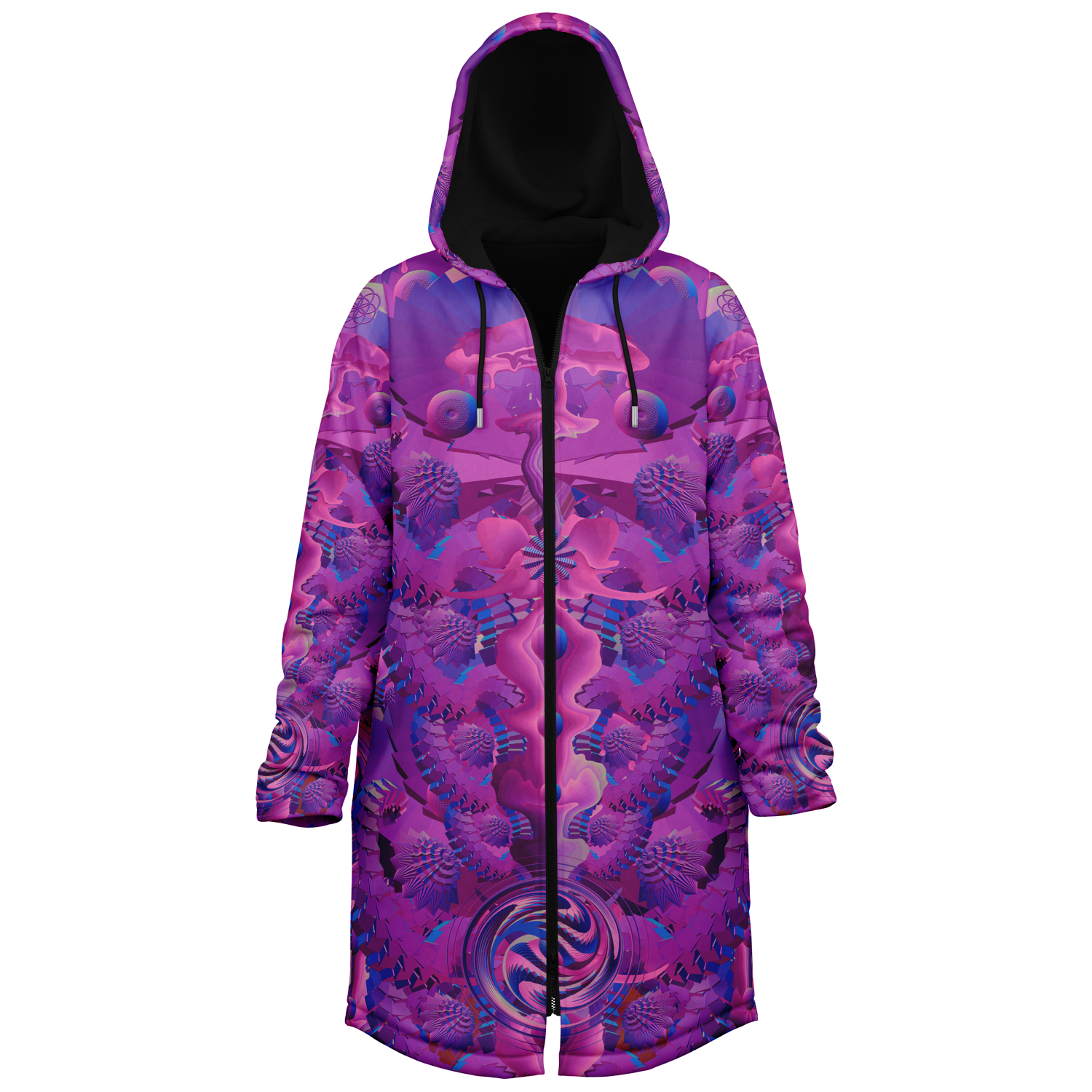 Pink Shroom Flower Of Life Women's Festival Cloak side view with trippy visionary art