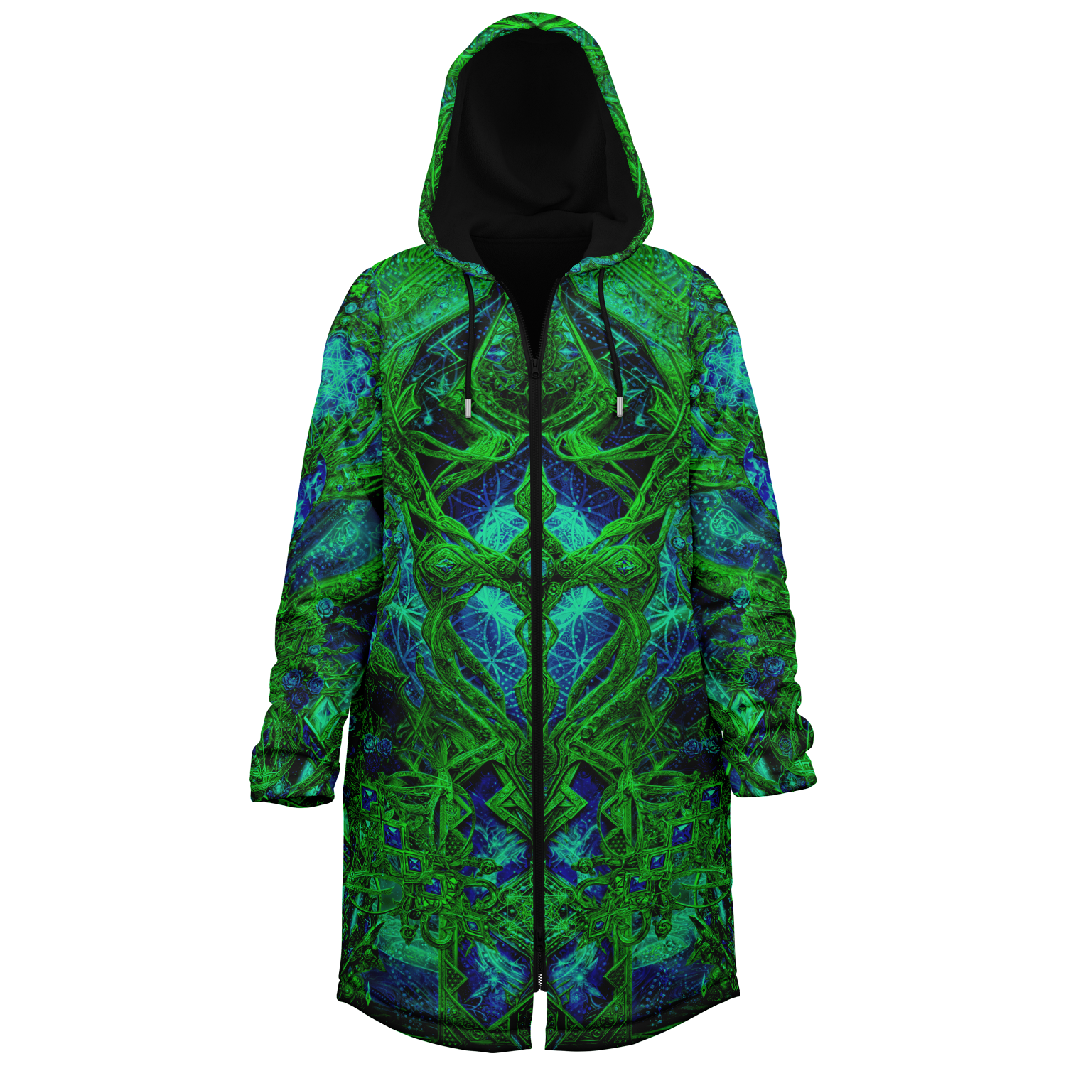 Cosmic Cross Green Men's Festival Cloak side view with psychedelic art