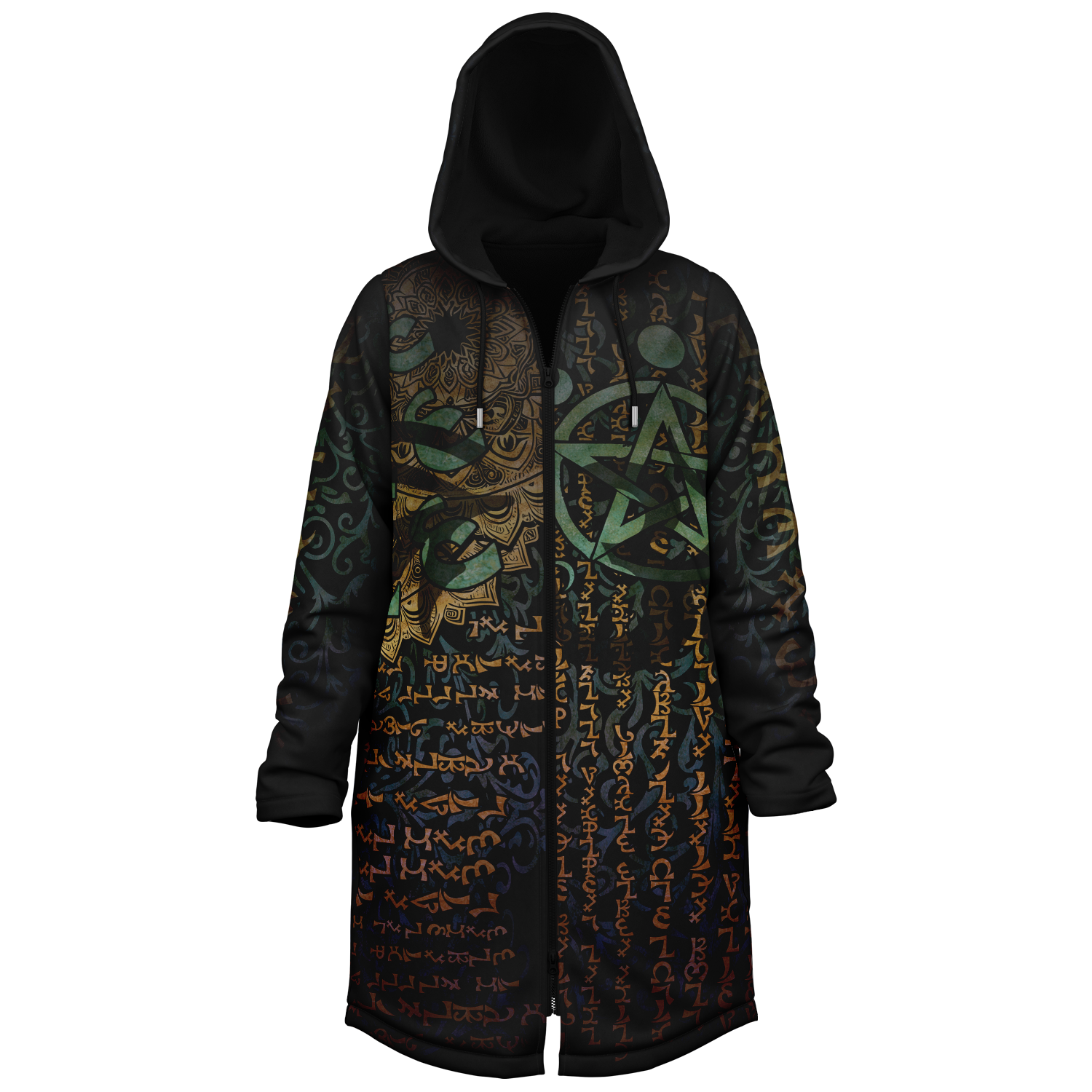 Enochian Vision Men's Festival Cloak side view with trippy visionary art
