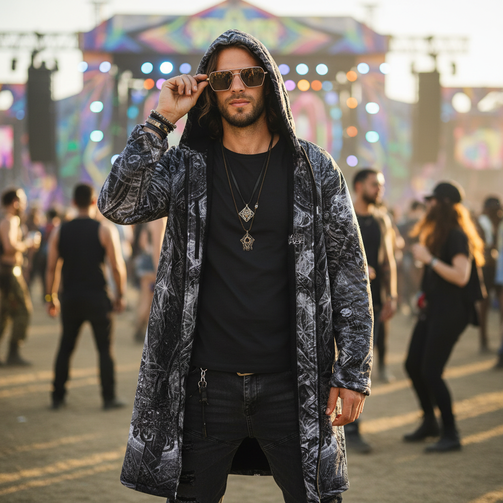 Black Cosmic Cross visionary festival cloak detail