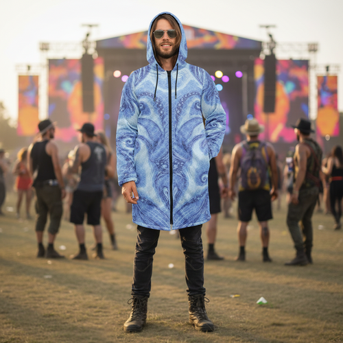Blue Cosmic Flower Of Life Men's Festival Cloak side view with sacred geometry art