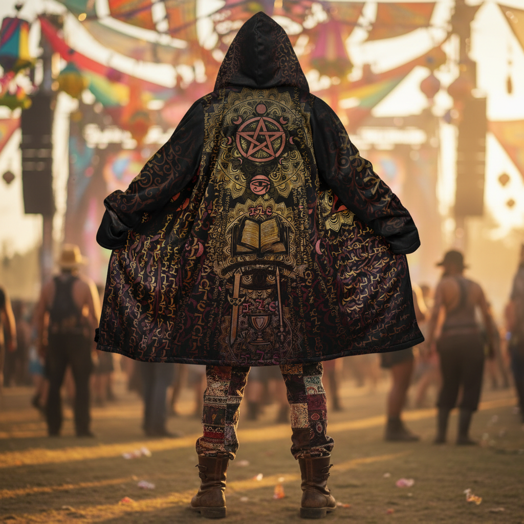 Enochian Vision Orange Men's Festival Cloak front view with rave cloak