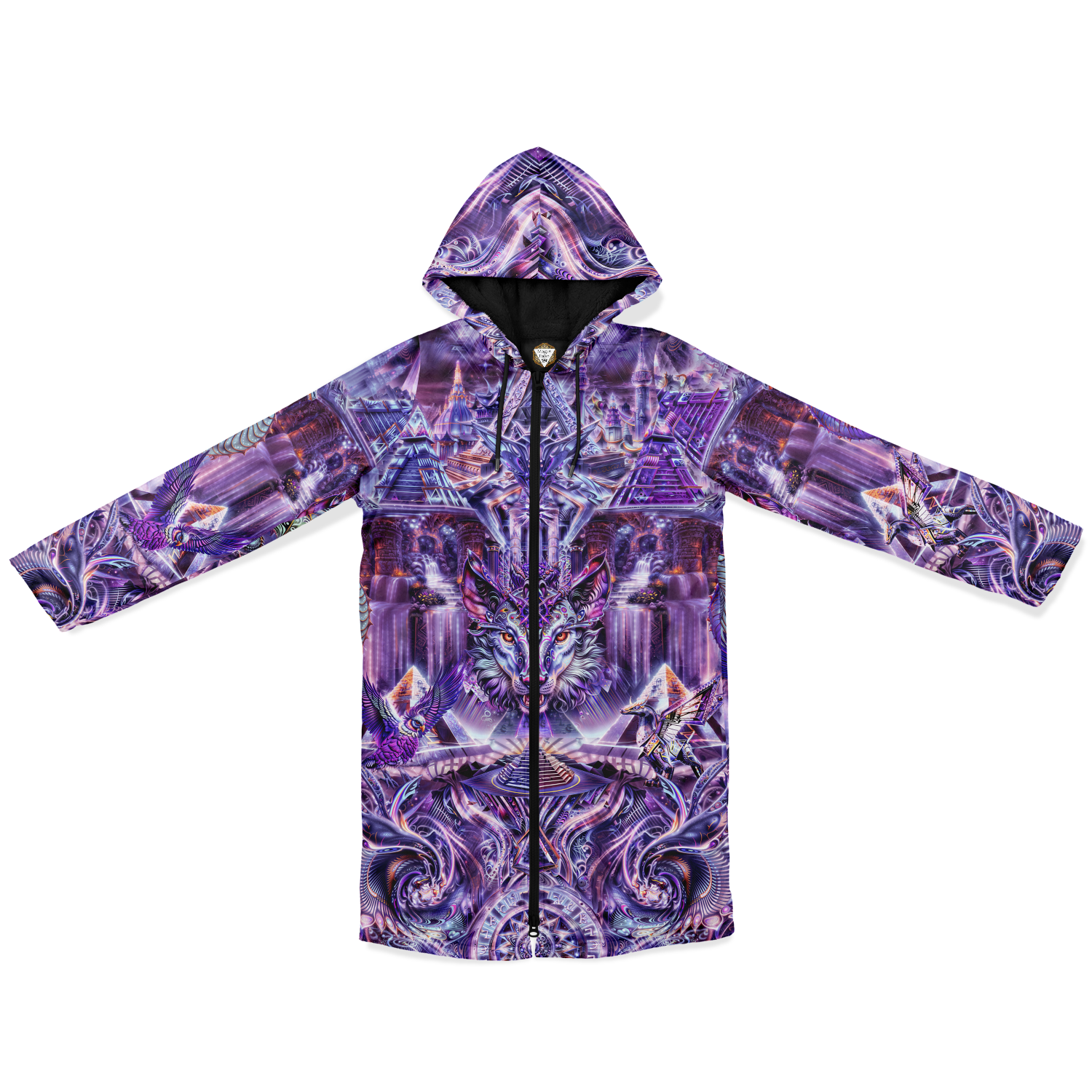 Dream Weaver Purple Men's Festival Cloak front view with psychedelic festival art