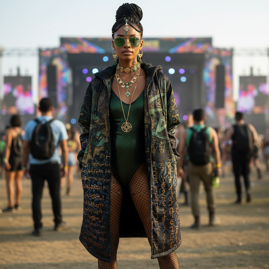 Enochian Vision Women's Festival Cloak side view with trippy visionary art