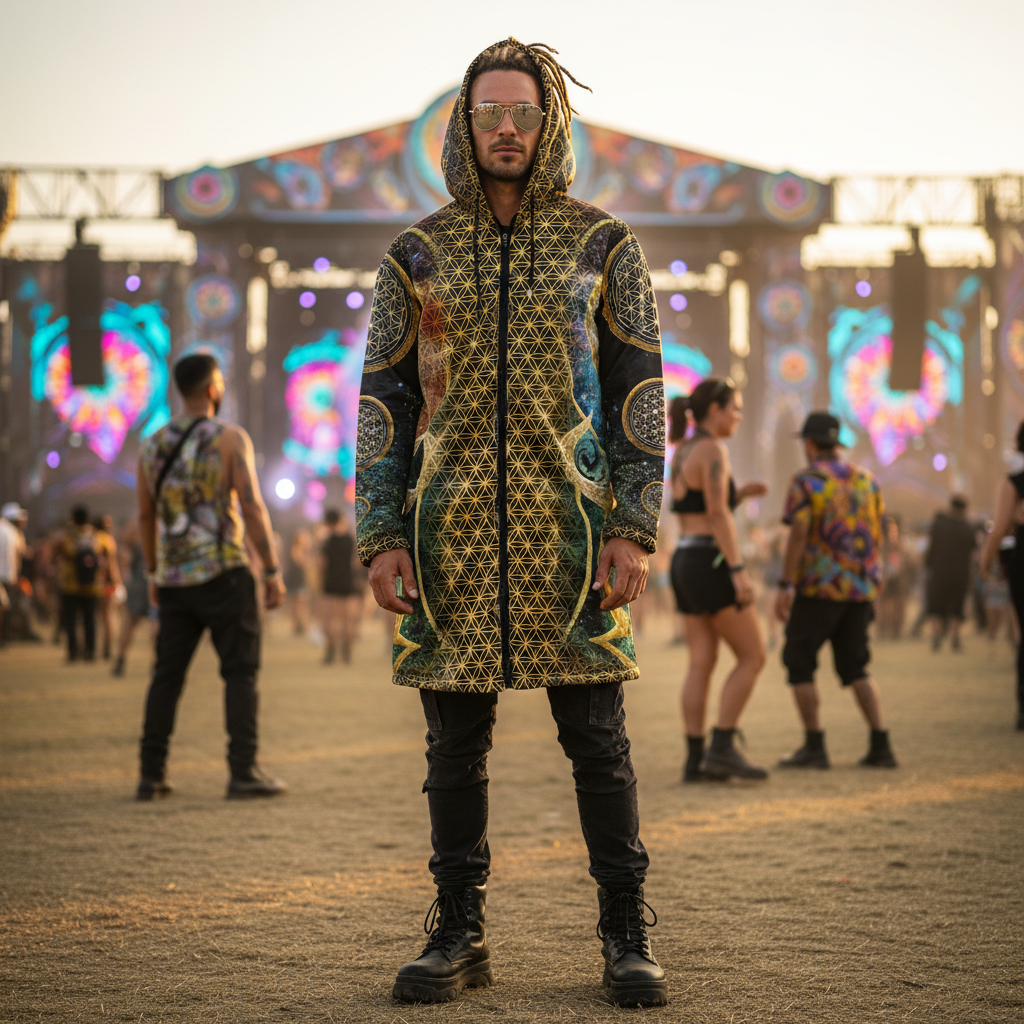 Mystic Eye Gold Men's Festival Cloak detail view with statement outerwear