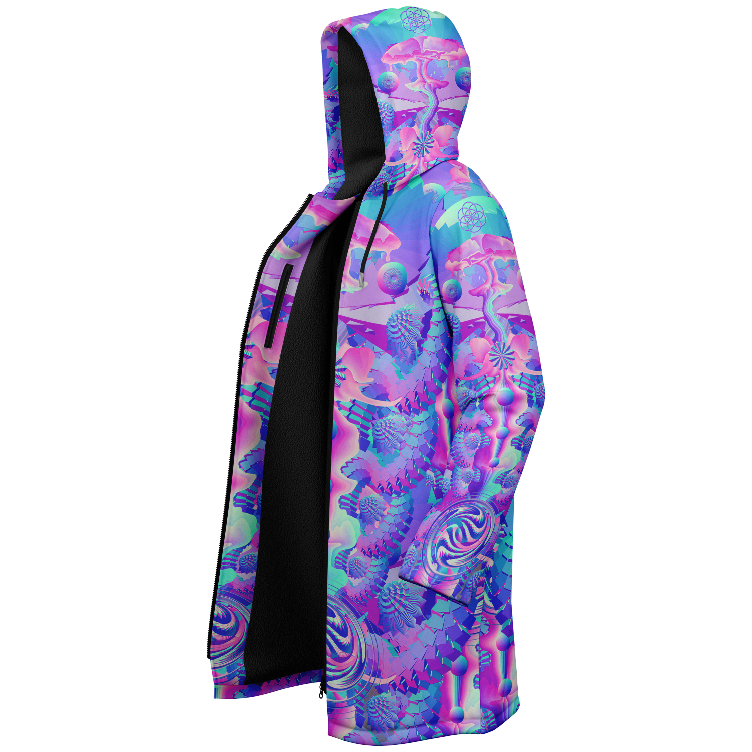 Shroom Flower Of Life Women's Festival Cloak back view with EDM festivals