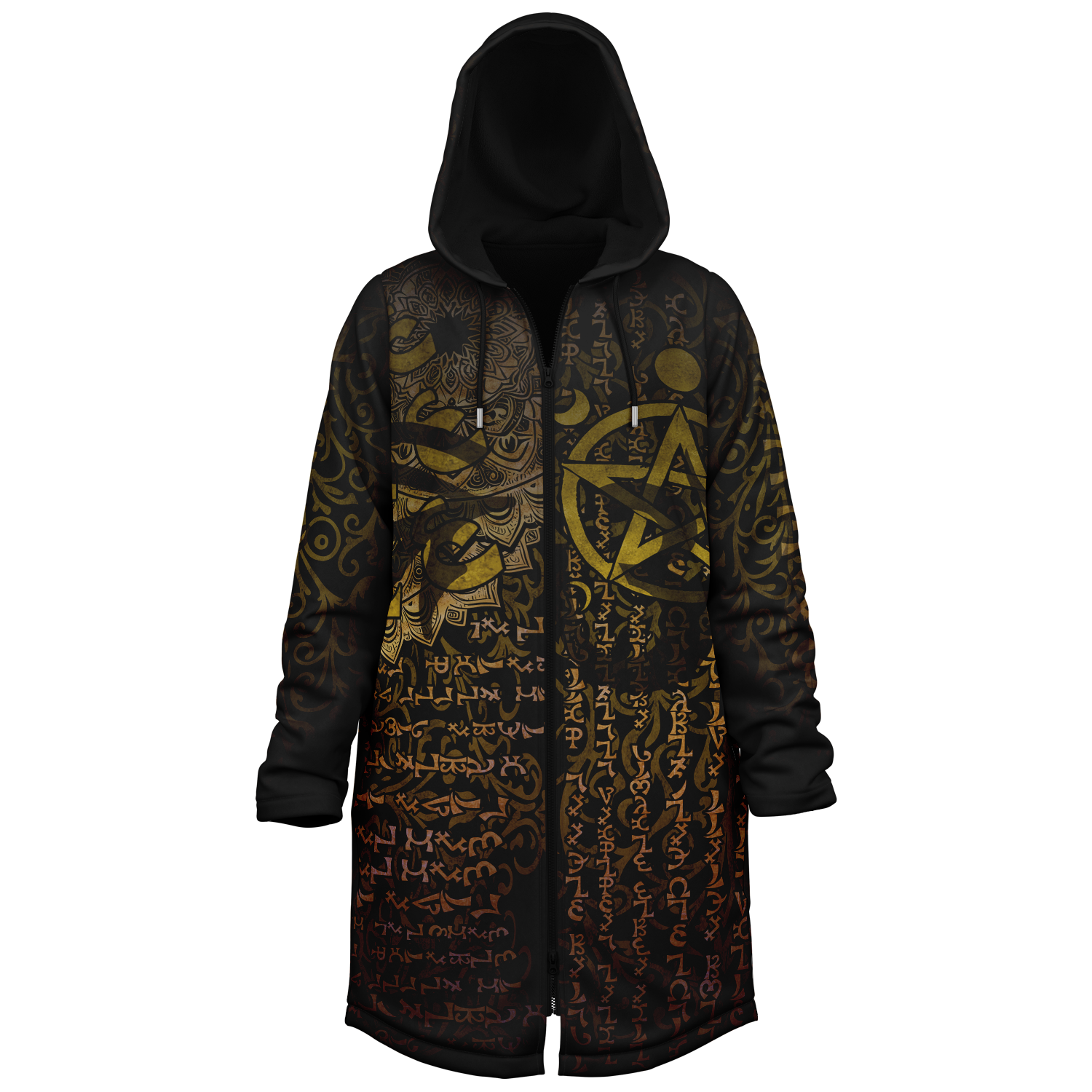 Enochian Vision Gold Men's Festival Cloak side view with sacred geometry art