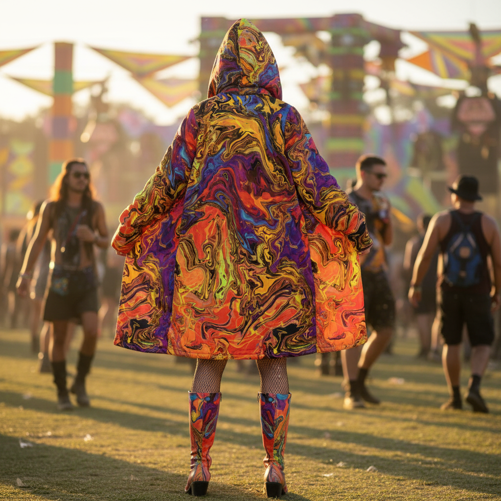 Liquid Fire Men's Festival Cloak front view with festival cloak