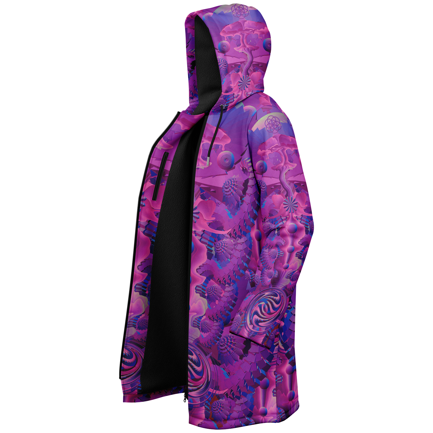 Pink Shroom Flower Of Life Women's Festival Cloak back view with rave culture