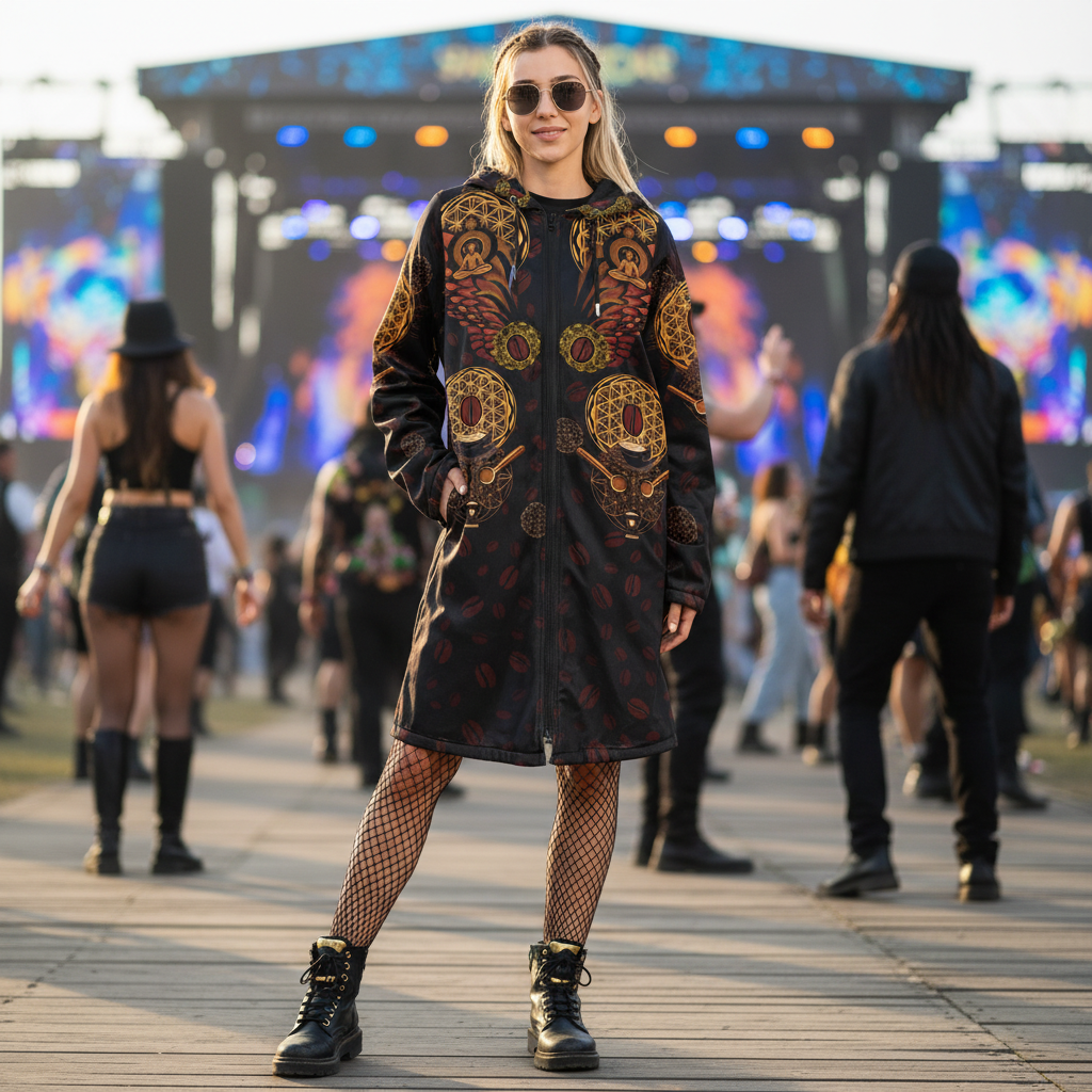 Sacred Grounds Women's Festival Cloak side view with sacred geometry art