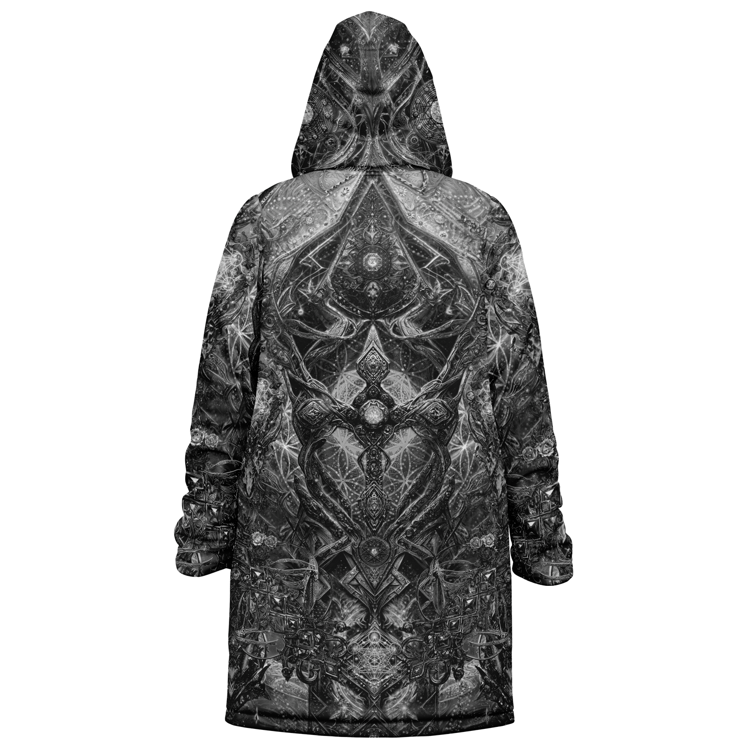 Black Cosmic Cross Women's Festival Cloak detail view with festival fashion