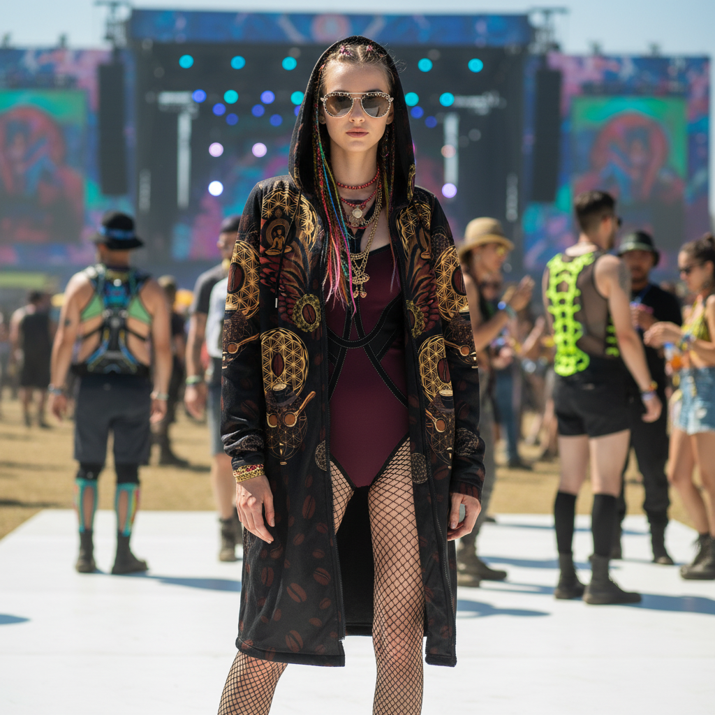 Sacred Grounds Women's Festival Cloak back view with psytrance events