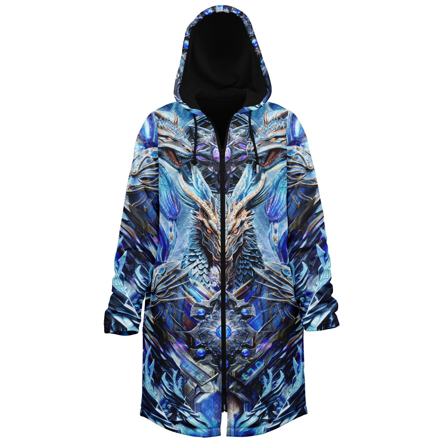 Electric Dragonscape Women's Festival Cloak side view with occult-inspired art